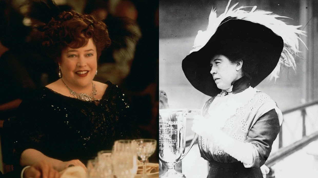 Слева направо: Актриса Кэти Бэйтс в роли «Непотопляемой Молли» в к/ф «Титаник», 1997 год. Реальное фото Маргарет Браун. 