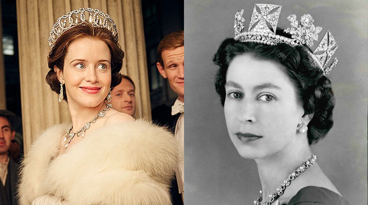 Слева направо: Клэр Фой в т/с "Корона" и королева Елизавета II