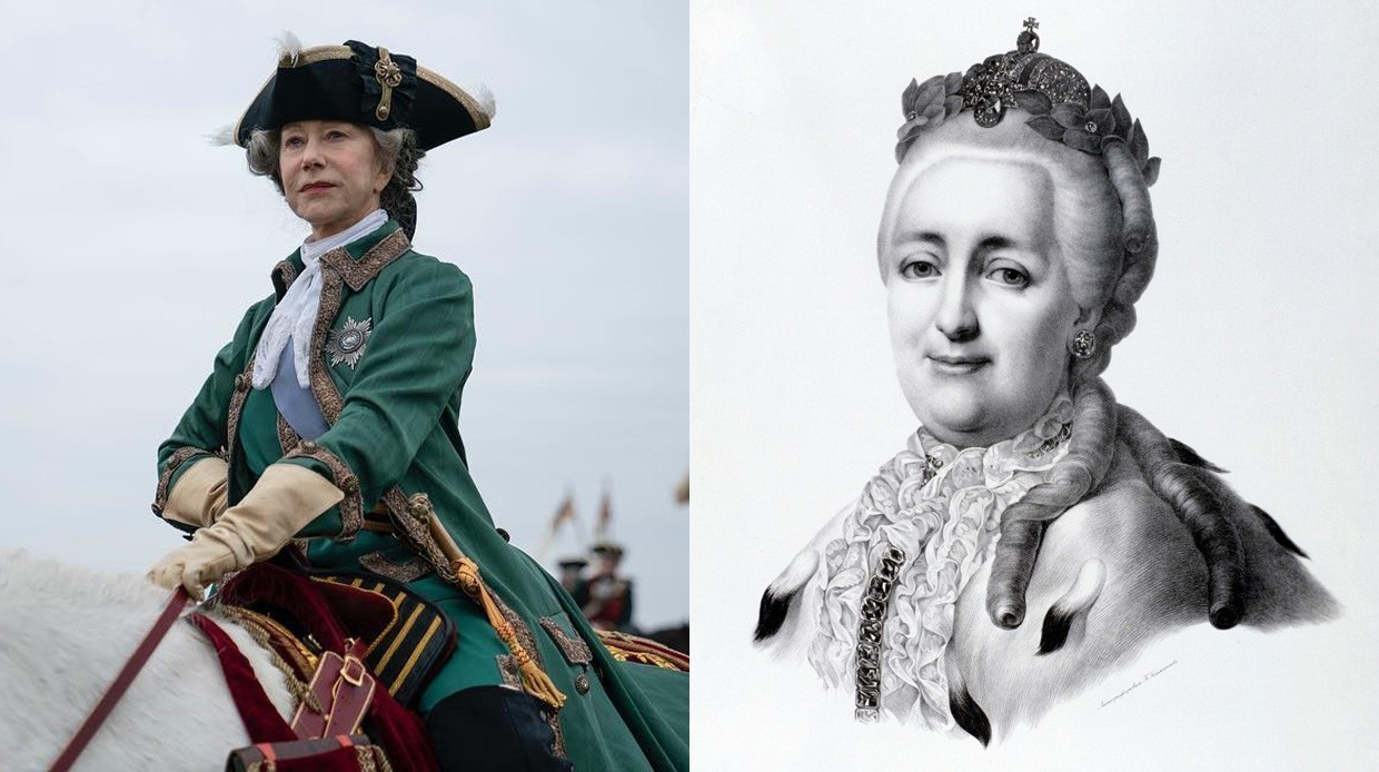 Слева направо: Хелен Миррен в т/с "Екатерина Великая" и императрица Екатерина Великая. 