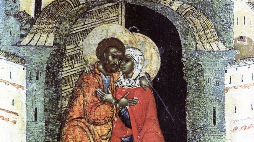 Икона "Встреча святых праведных Иоакима и Анны". XVII век. Северные письма.