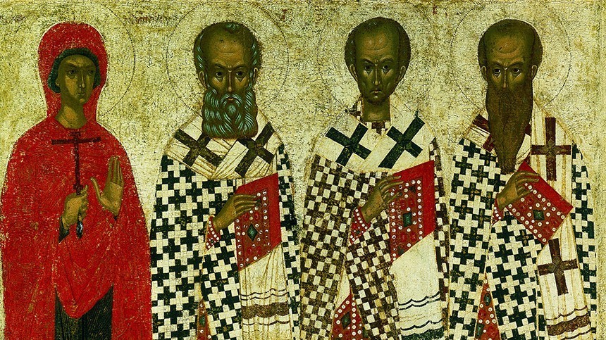 Икона Избранные святые Параскева Пятница, Григорий Богослов, Иоанн Златоуст, Василий Великий. XV век. 