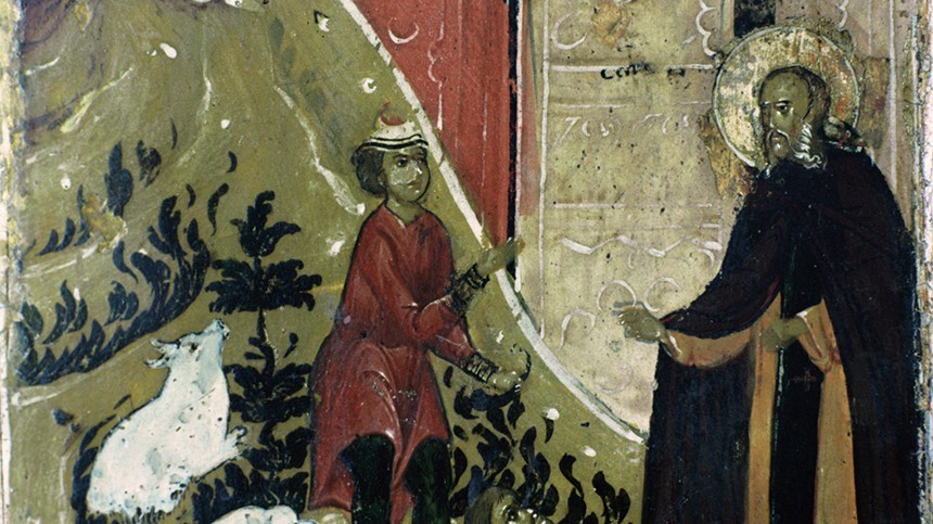 Репродукция детали иконы "Житие Саввы Освященного" Савва и пастухи" (XVII век).