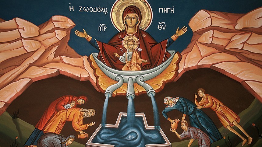 Греческая православная икона, изображающая Марию как источник жизни.