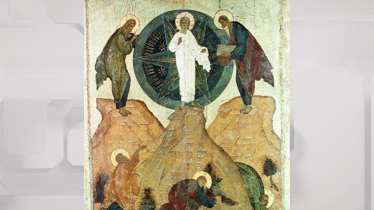 Репродукция иконы "Преображение Господне" из села Чамерово, XV в., из собрания музея им. А. Рублева.