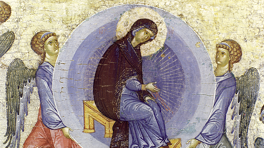 Репродукция иконы "Голубое Успение" ("Успение Пресвятой Богородицы"), XV век. Фрагмент. Государственная Третьяковская галерея.