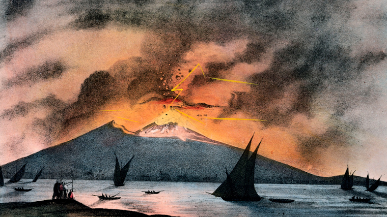Литография, изображающая Везувий в разгар извержения. 