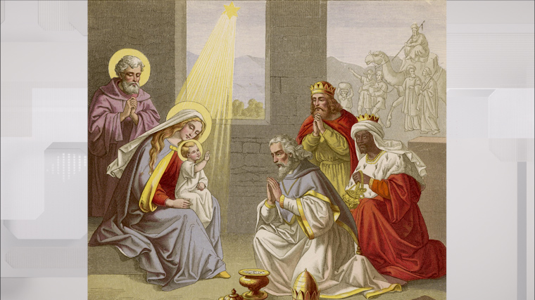 Три волхва возлагают свои дары &mdash; золото, ладан и мирру &mdash; перед Иисусом, в то время как сияет Вифлеемская звезда. 1875 год.