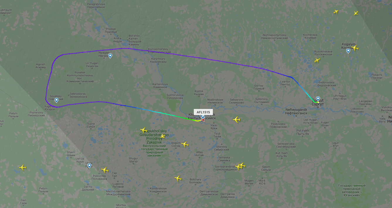 Траектория самолета рейса Сургут — Москва