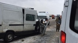 Видео последствий лобового столкновения автобуса с грузовиком в Ленобласти