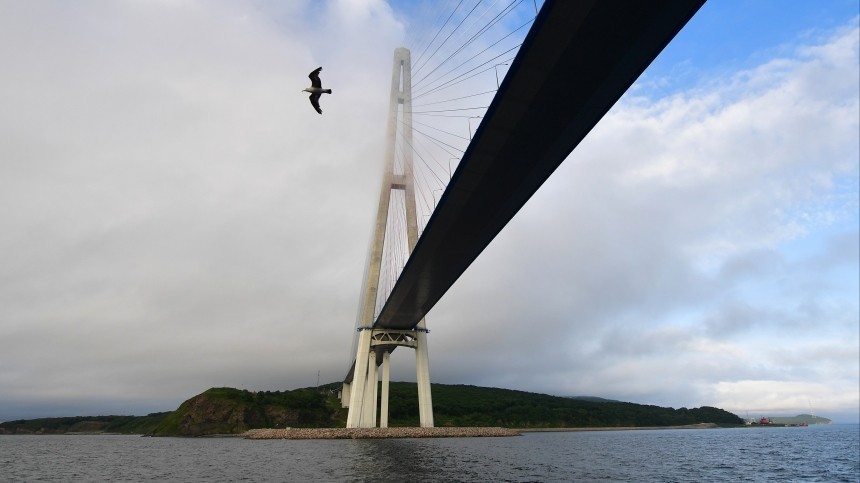 Оболочка ванты Русского моста повисла над морем во Владивостоке